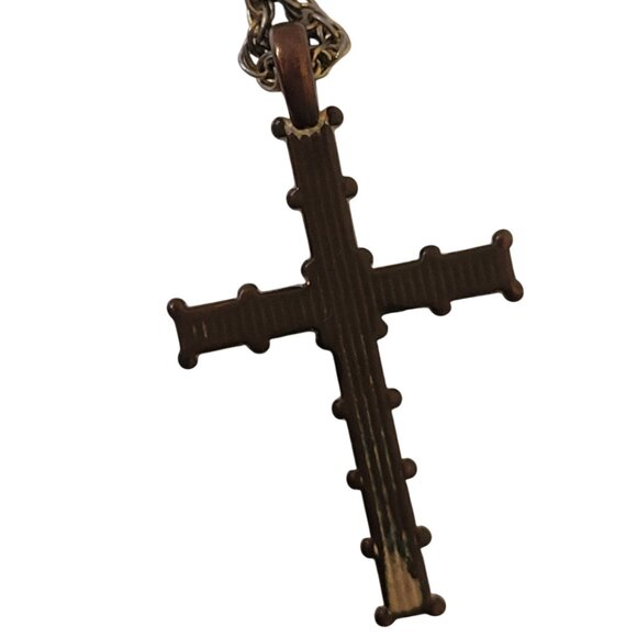 Vintage Cross Pendant Necklace bronze/gold with crystal/quartz gems - Picture 5 of 7